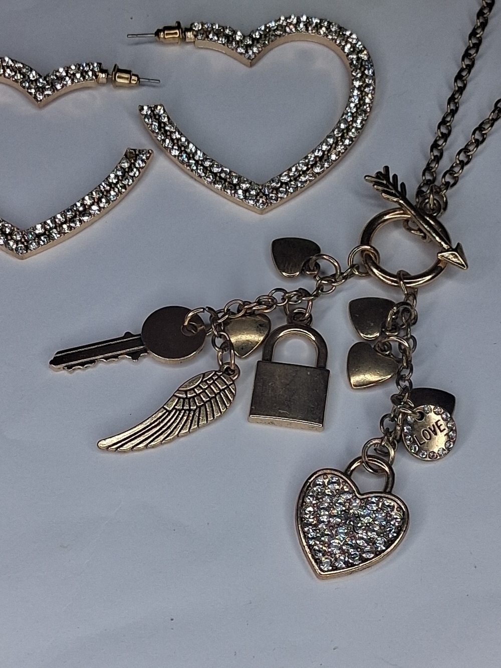 Gold Charm Toggle Necklace with Heart Hoop Earrings Lock And Key Love Set
